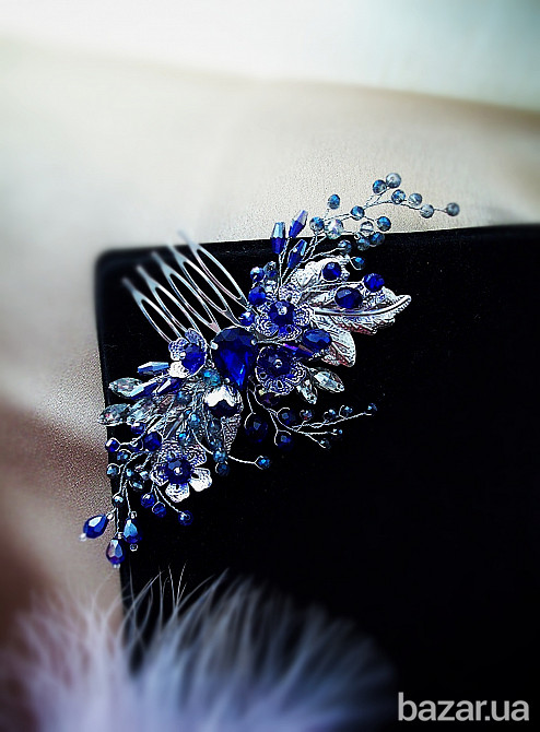 Камілла розкішний сапфіровий синій гребінь кришталь дріт мідний листя квітка Луцк - изображение 2