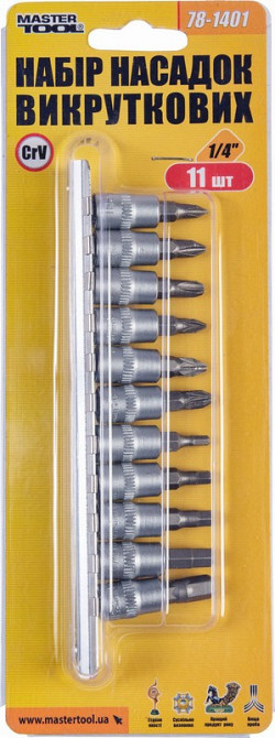 Набор головок торцевых MASTERTOOL ¼" с отверточными насадками PH1-2-3/ PZ1-2-3/ HEX3-4-5-6-7 CrV 11  Харків - зображення 3