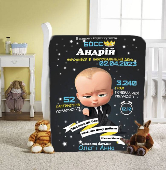 Плед 3D зі своїми побажаннями з метрикою "У нашому будинку живе БОСС" для хлопчика 20222392_B 11592  Киев - изображение 1