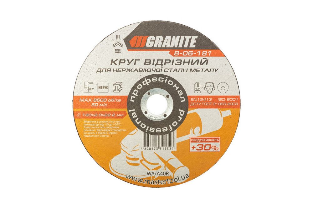 Диск абразивный отрезной для металла и нержавеющей стали GRANITE PROFI +30 180х2.0х22.2 мм 8-06-181 Харьков - изображение 1