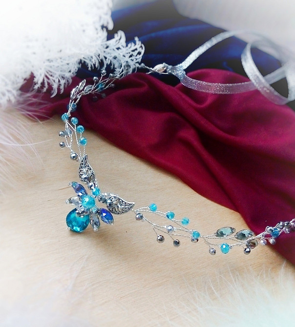 Ельфійська діадема срібний блакитний гілка обідок обруч косплей листя крапля фентезі виступ Луцьк - зображення 3