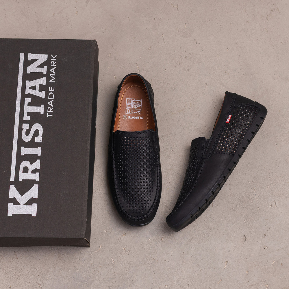 Мужские летние кожаные мокасины  LS перфорация Black Київ - зображення 5