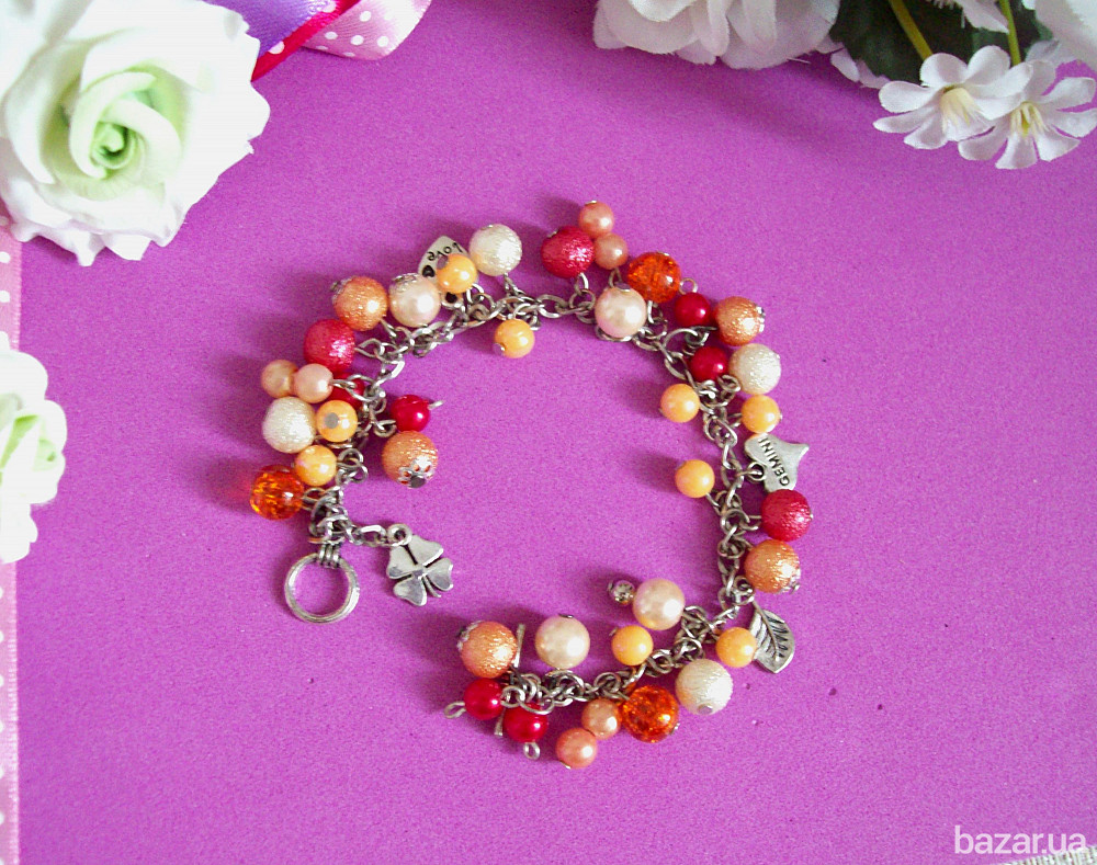 Летний яркий браслет на цепочке ручная работа голубой фиолетовый оранжевый розовый Луцьк - зображення 4