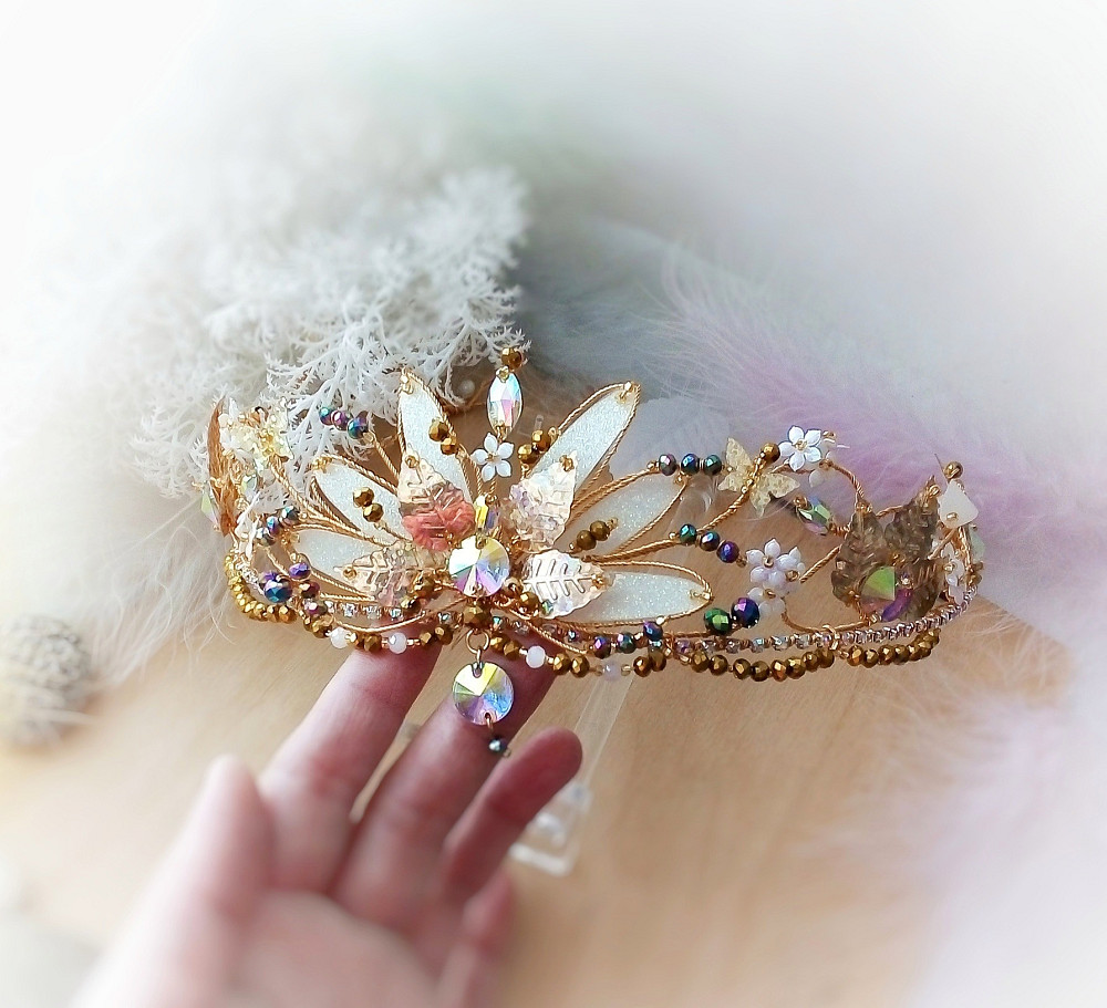 Фея тіара діадема корона косплей білий метелики квіти листя плетена з дроту балетна голову весільна Луцьк - зображення 3