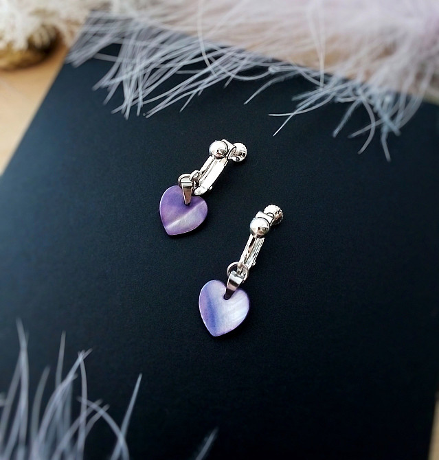 Кліпси перламутр натуральний серце фіолетовий бузковий лавандовий на вуха без проколів регулюються Луцк - изображение 1