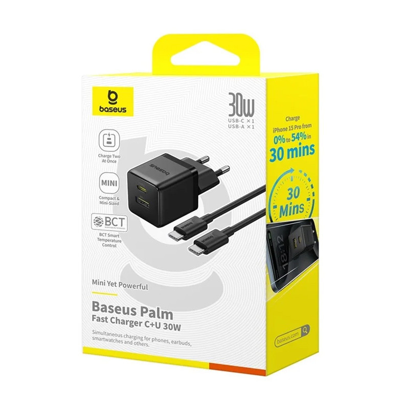СЗУ Baseus Palm Fast Charger 30W (1USB-A/1C) + кабель Type-C to Type-C (P1011160A) Херсон - зображення 6