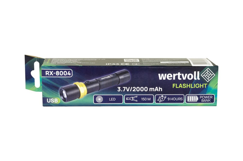 Фонарь WERTVOLL 3 режима LED IP44 Li-ion 2000 mAh/t 7000 K/240 lum powerbank AL 168х36 мм RX-8004 Харьков - изображение 7