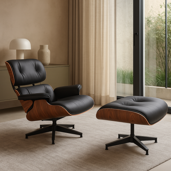 Крісло Релакс з отоманкою, чорна шкіра, колір дерева палісандр Дніпро - зображення 1