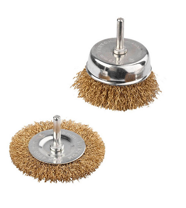 Набор щеток MASTERTOOL 2 шт - торцевая/дисковая со стержнем ¼" Ø 75/100 мм из латунированной рифлено Харьков - изображение 1