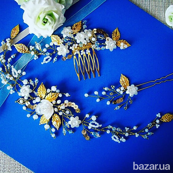 Эмма серия свадебных украшений листья жемчуг хрусталь белый золотистый невесте в прическу празднично Луцьк - зображення 3