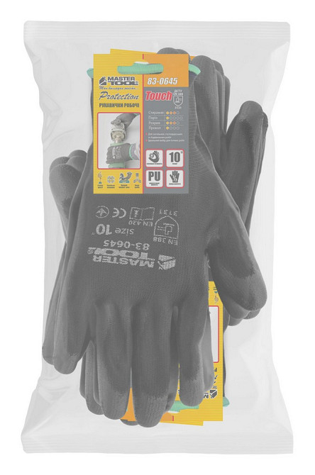 Перчатки бесшовные трикотажные MASTERTOOL с полиуретановым покрытием ладони 10" 25-26 г подвес 12 па Харьков - изображение 2