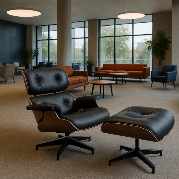 Крісло Релакс з отоманкою, чорна шкіра, колір дерева горіх Дніпро - зображення 2