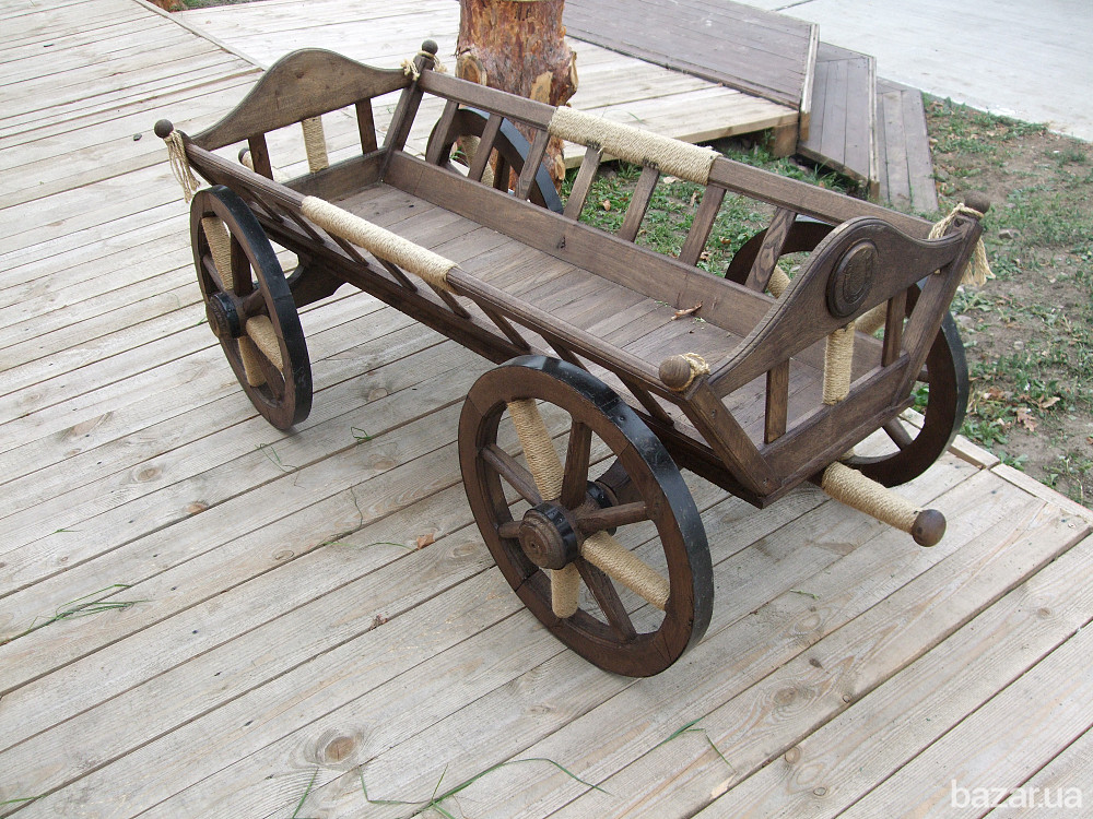 Візок садовий. Возик дерево. Декоративная телега. Воз из дерева. Деревянные колеса для телег Київ - зображення 2