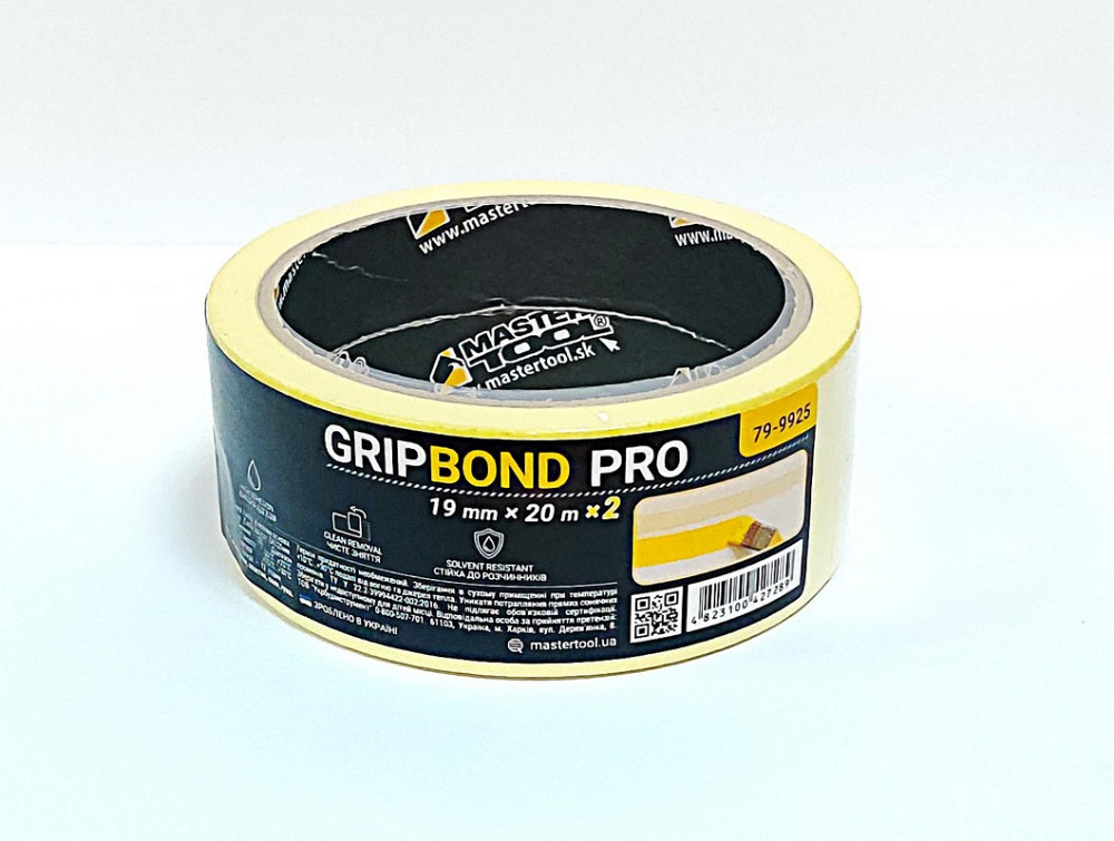 Лента малярная универсальная MASTERTOOL GripBond Pro 19 мм×20 м 2 шт желтая 79-9925 Харьков - изображение 1