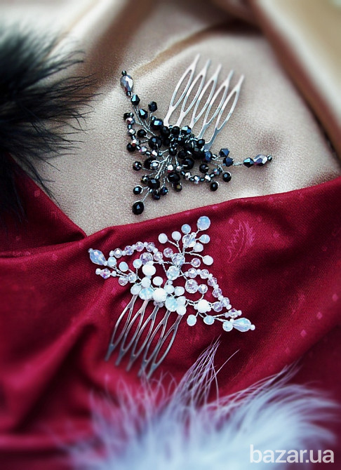 Ксенія гребінь заколка для волосся зачіску чорний білий кришталевий ручна робота з намистин Луцьк - зображення 1