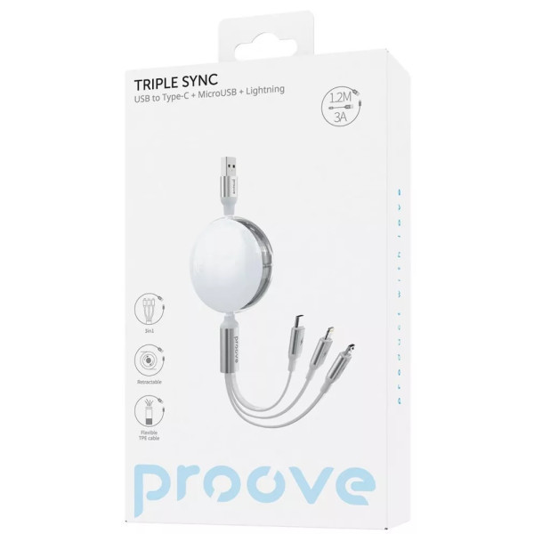 Кабель Proove Triple Sync 3 in 1 USB to Type-C + Micro USB + Lightning 1.2m White (CCTS20001502) (Ко Харків - зображення 2