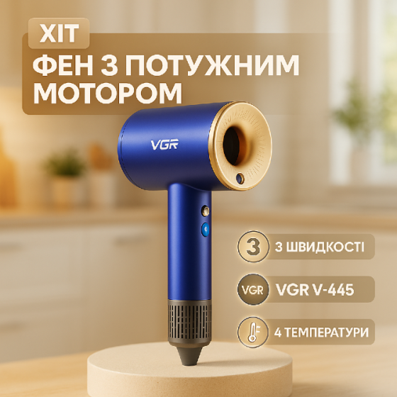 Фен професійний VGR V-445 BLUE, 3 рівні обдування, 4 рівні температури, 1600 Вт Харків