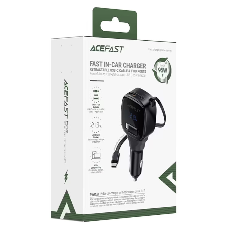 АЗУ Acefast B17 PD30W+QC3.0 total 95W (1USB-A/1C) with retractable cable Type-C Херсон - изображение 4