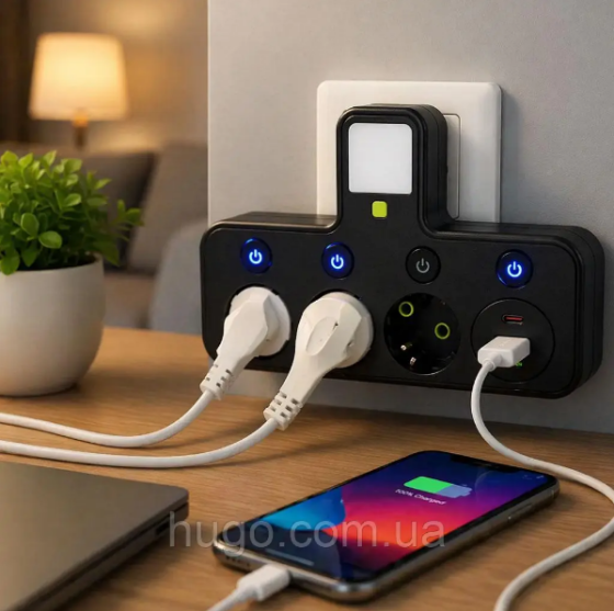 Мережевий фільтр з підсвічуванням 3 розетки, 2500Вт (2хUSB + Type-C) J24U / Трійник у розетку. Одеса