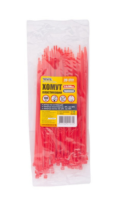 Хомут нейлоновый MASTERTOOL 3.6х200 мм 100 шт красный 20-1711 Харків - зображення 2