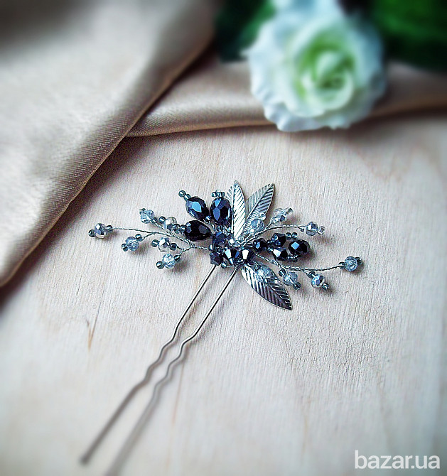 шпилька Мия янтарный розовый графитовый листок хрустальное украшение прическу Луцьк - зображення 2