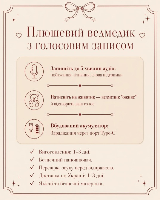 Плюшевий ведмедик з вашим голосом | Подарунок з аудіо-повідомленням (3 кольори) Львов - изображение 4