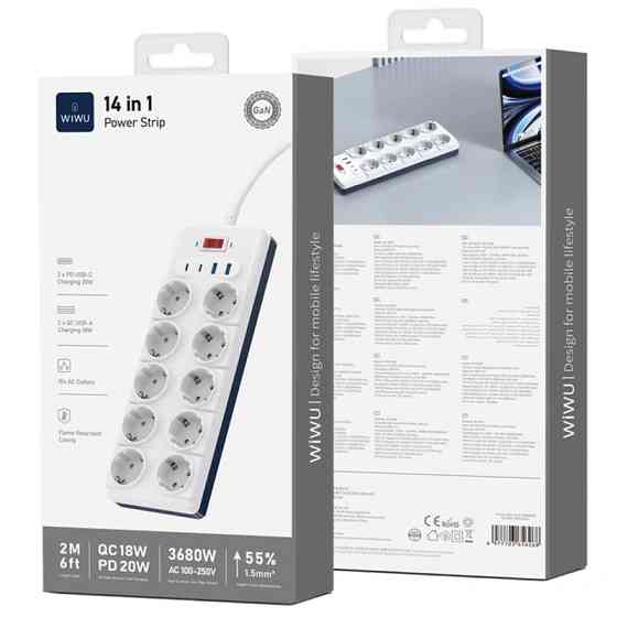 Удлинитель WIWU S008 Power Strip PD20W (2USB-A/2C/10xSocket) (2m) Херсон