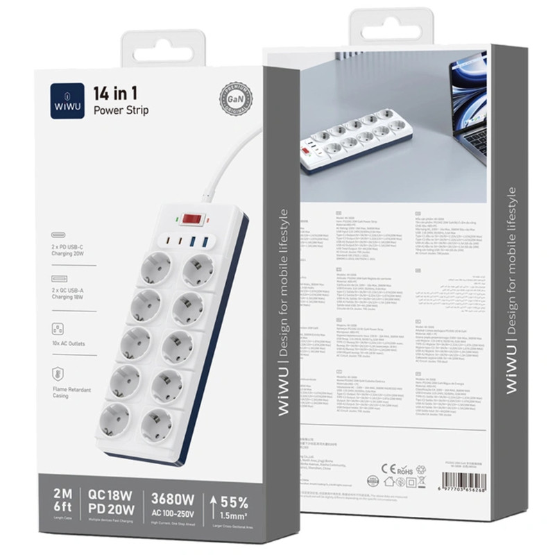 Удлинитель WIWU S008 Power Strip PD20W (2USB-A/2C/10xSocket) (2m) Херсон - изображение 4