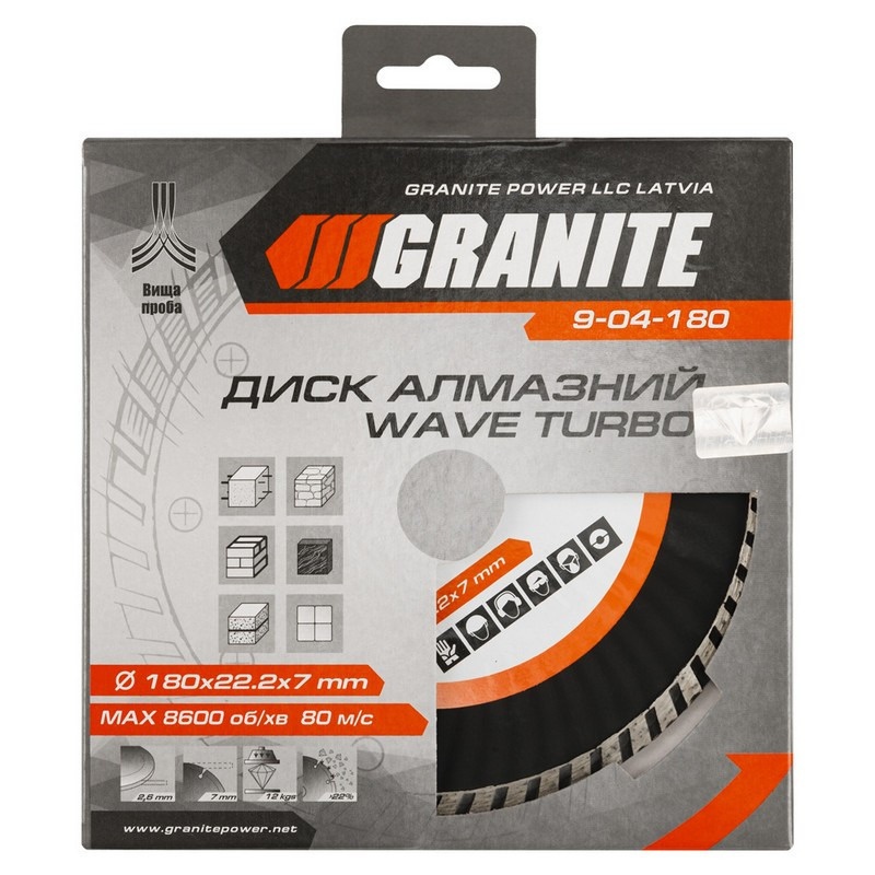 Диск алмазный GRANITE TURBO WAVE 180х2.6 мм 22-24% 8600 об/мин 9-04-180 Харків - зображення 2