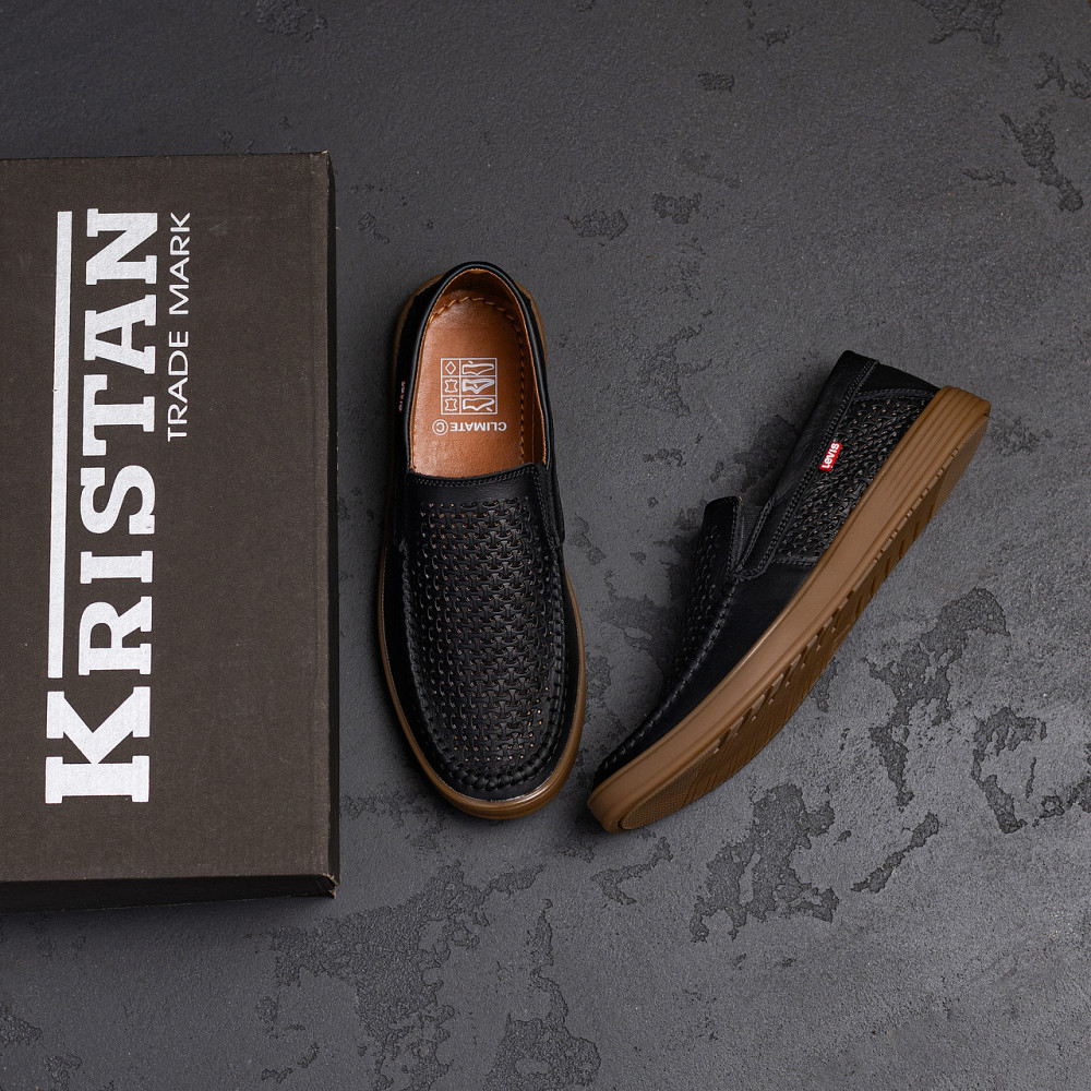 Мужские летние кожаные мокасины  LS перфорация Black Київ - зображення 9