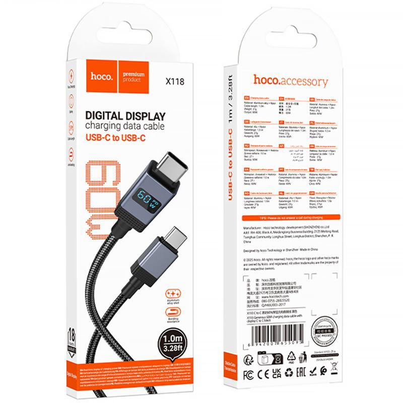 Дата кабель Hoco X118 Generous with display Type-C to Type-C 60W (1m) Херсон - зображення 5