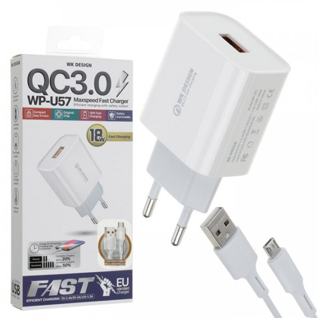 Сетевое зарядное устройство USB с кабелем USB WK Micro USB WP-U57-M-White 1 м Київ - зображення 1