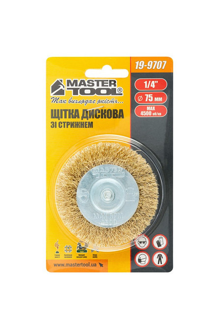 Щетка дисковая MASTERTOOL из латунированной рифленой проволоки Ø 75 мм со стержнем ¼" 19-9707 Харьков - изображение 3