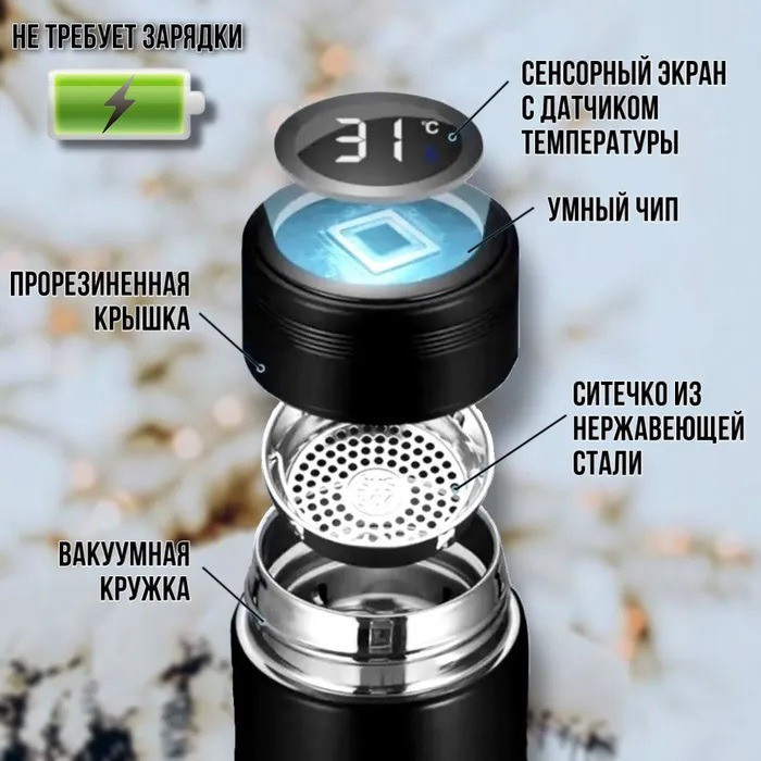 Термос UNIQUE 500 мл с датчиком температуры, Термос с дисплеем. Цвет: черный синiй червоний Львов - изображение 6