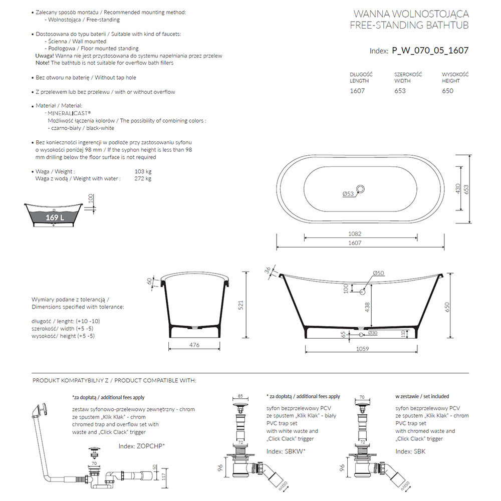 Ванна окремостояча зі штучного каменю PIA біла глянсова P_W_070_05_1607. Хмельницький - зображення 2