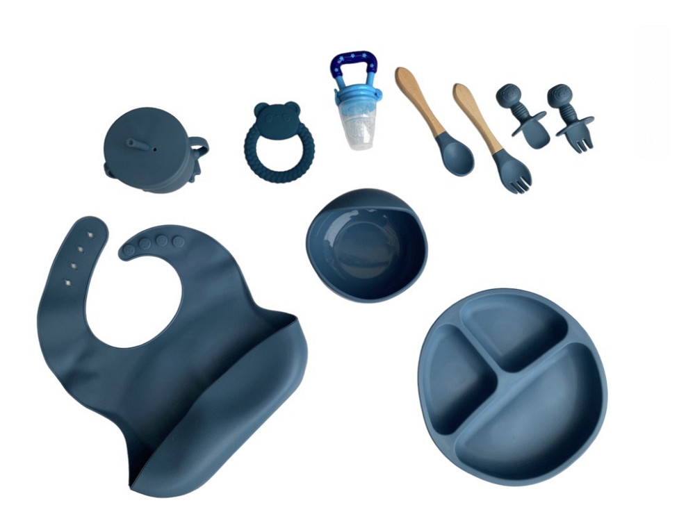 Детский силиконовый набор посуды для кормления темно синий 12 предметов Київ - зображення 1