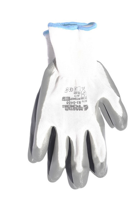 Перчатки трикотажные бесшовные MASTERTOOL нитриловое покрытие ладони 10" бело-серые 83-0400 Харьков - изображение 2