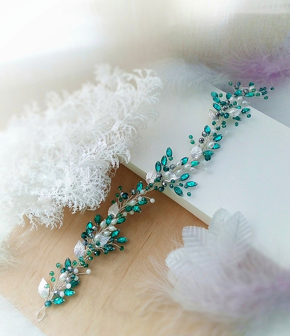 Ізабелла смарагдовий зелений білий вінок обруч м'який діадема голову перли кришталь листя святкова Луцьк - зображення 4