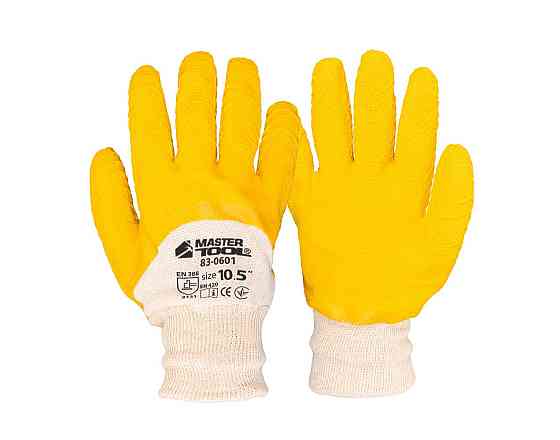 Перчатки хлопчатобумажные MASTERTOOL латексное ребристое покрытие ¾ 10.5" желтые 83-0601 Харків