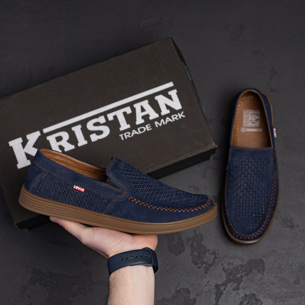 Мужские летние кожаные мокасины  LS перфорация Dark blue Киев - изображение 8