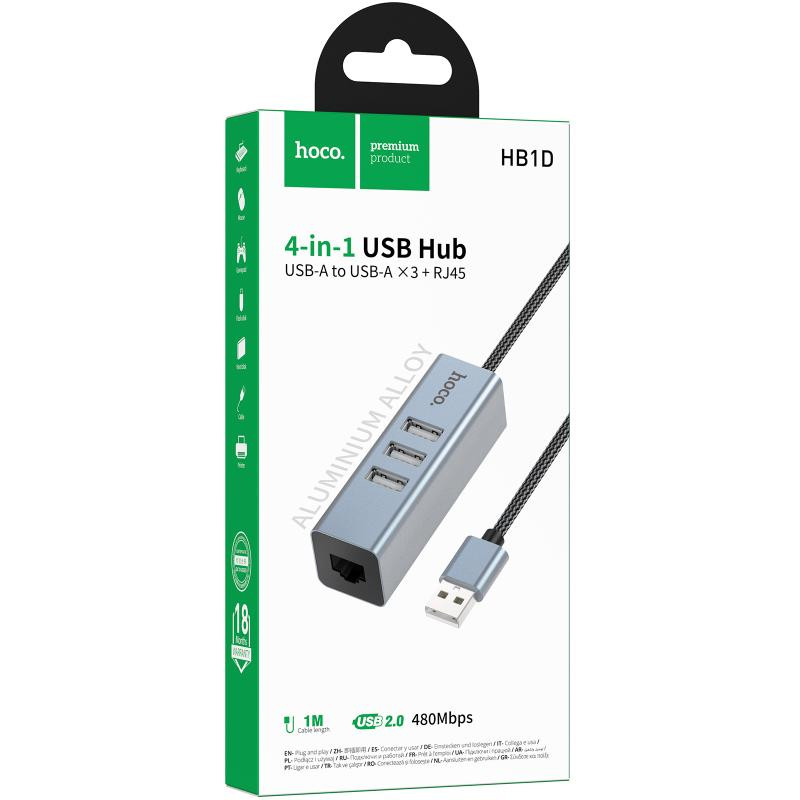 Переходник HUB Hoco HB1D USB to USB2.0*3+RJ45 Херсон - зображення 2