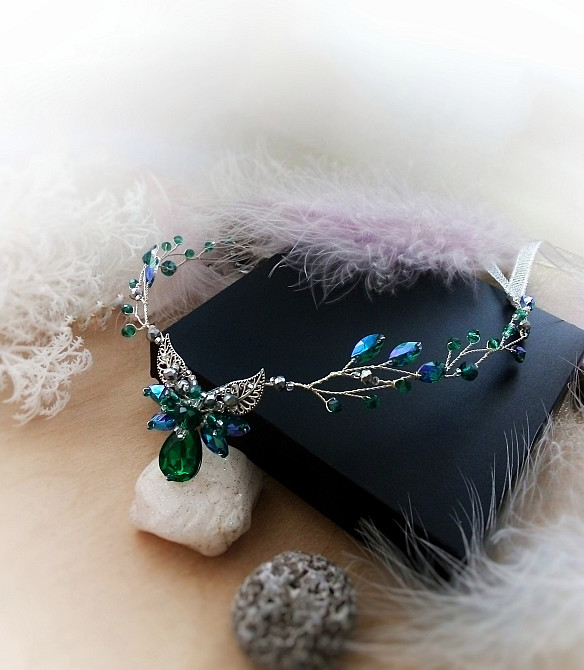 Ельфійська діадема тіара ав зелений синій смарагдовий корона гілка м'який обруч обідок Луцьк - зображення 2