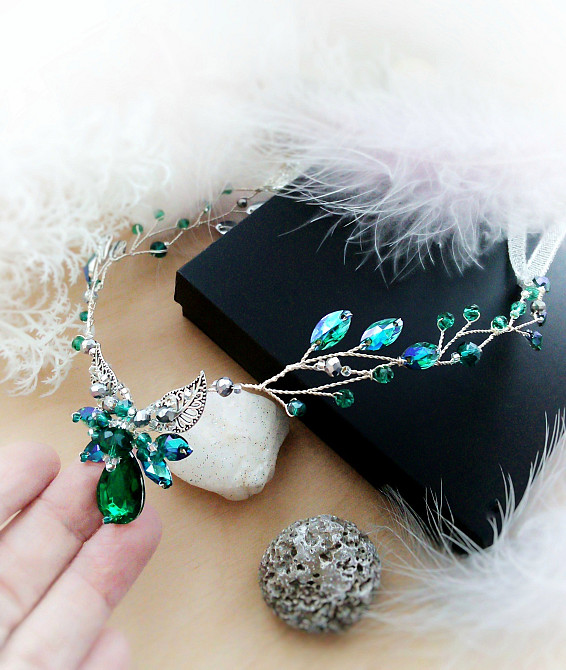 Ельфійська діадема тіара ав зелений синій смарагдовий корона гілка м'який обруч обідок Луцьк - зображення 3