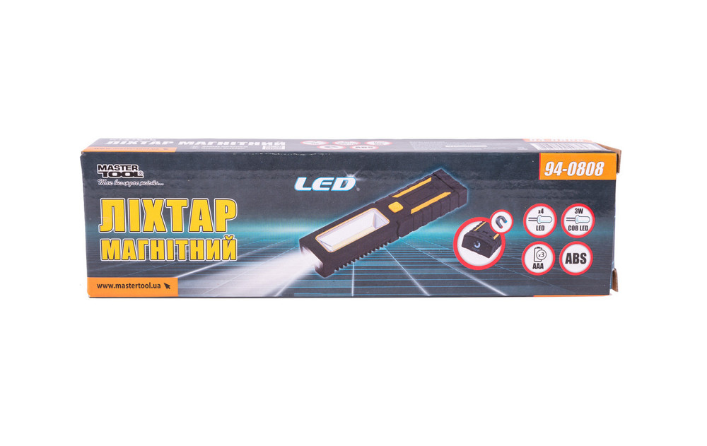 Фонарь магнитный с подвесом MASTERTOOL 220х54х28 мм 4xLED+COB LED 3xAAA ABS 94-0808 Харків - зображення 7