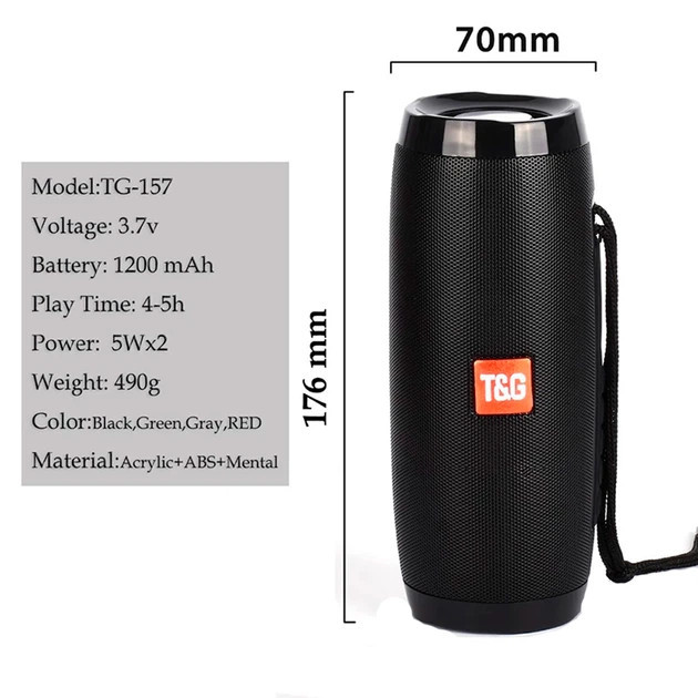 Колонка портативная Bluetooth T&G TG157 black черная Киев - изображение 5