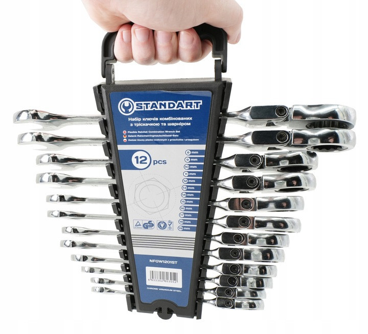 Набор ключей комбинированных с трещоткой и шарниром 8-19мм 12ед. на холдере  СТАНДАРТ NFGW1201ST Харків - зображення 2
