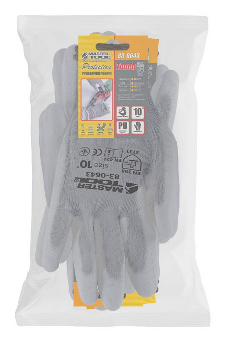 Перчатки бесшовные трикотажные MASTERTOOL с полиуретановым покрытием ладони 10" 25-26 г подвес 12 па Харьков - изображение 2
