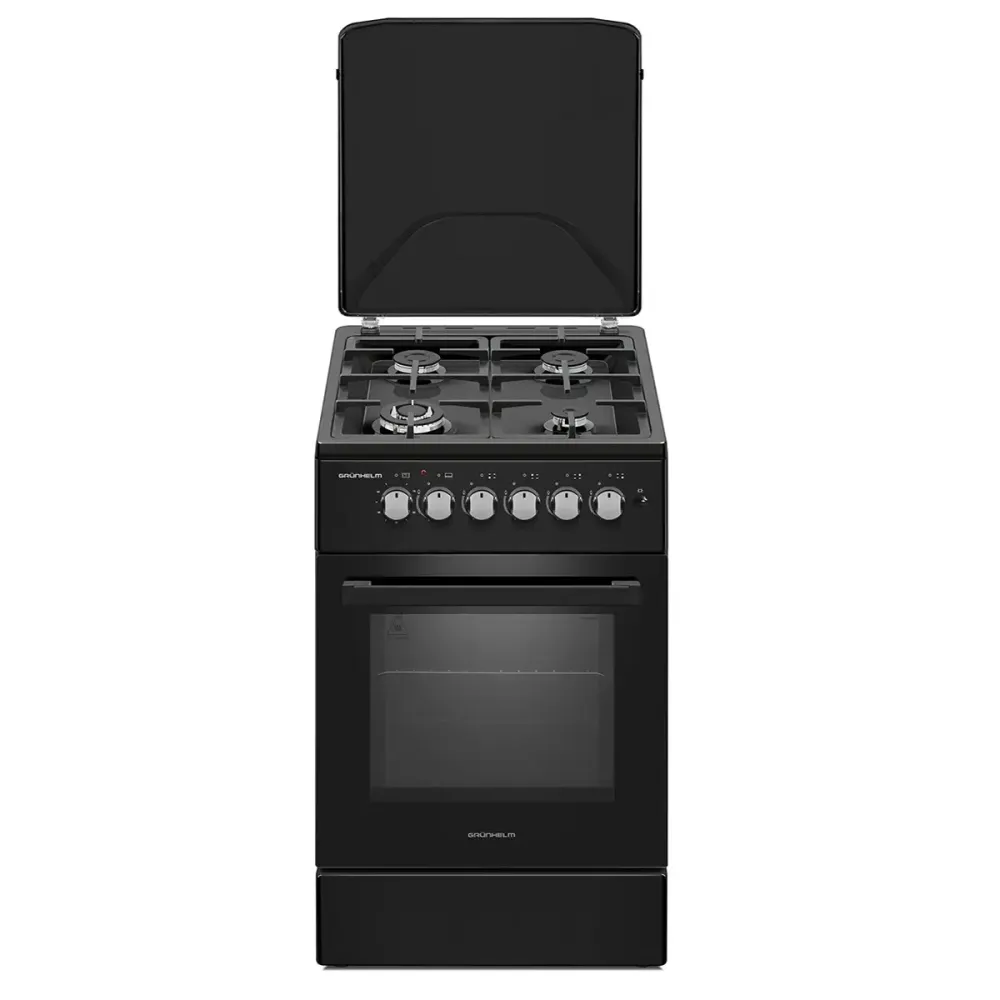 Плита кухонная газовая Grunhelm G4F56124B черная Газ-контроль Электроподжиг Газовая духовка 54 л реш Київ - зображення 1
