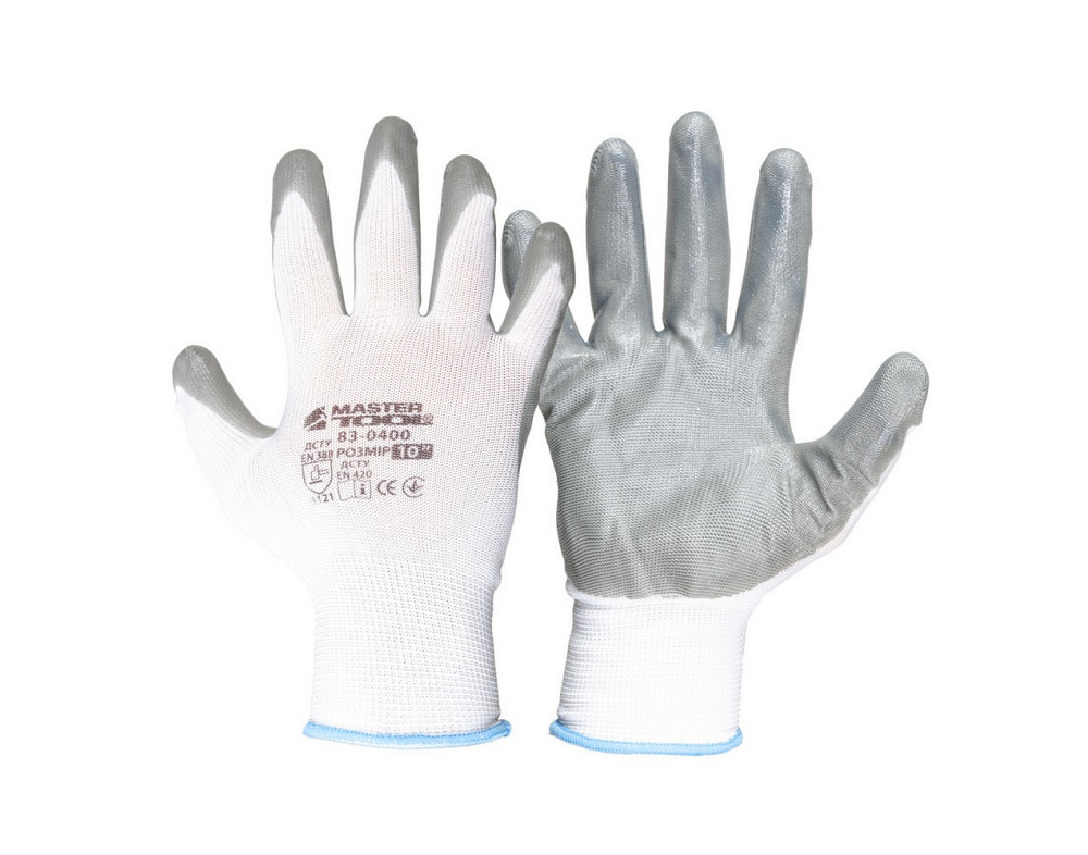 Перчатки трикотажные бесшовные MASTERTOOL нитриловое покрытие ладони 10" 12 пар бело-серые 83-0400do Харьков - изображение 1