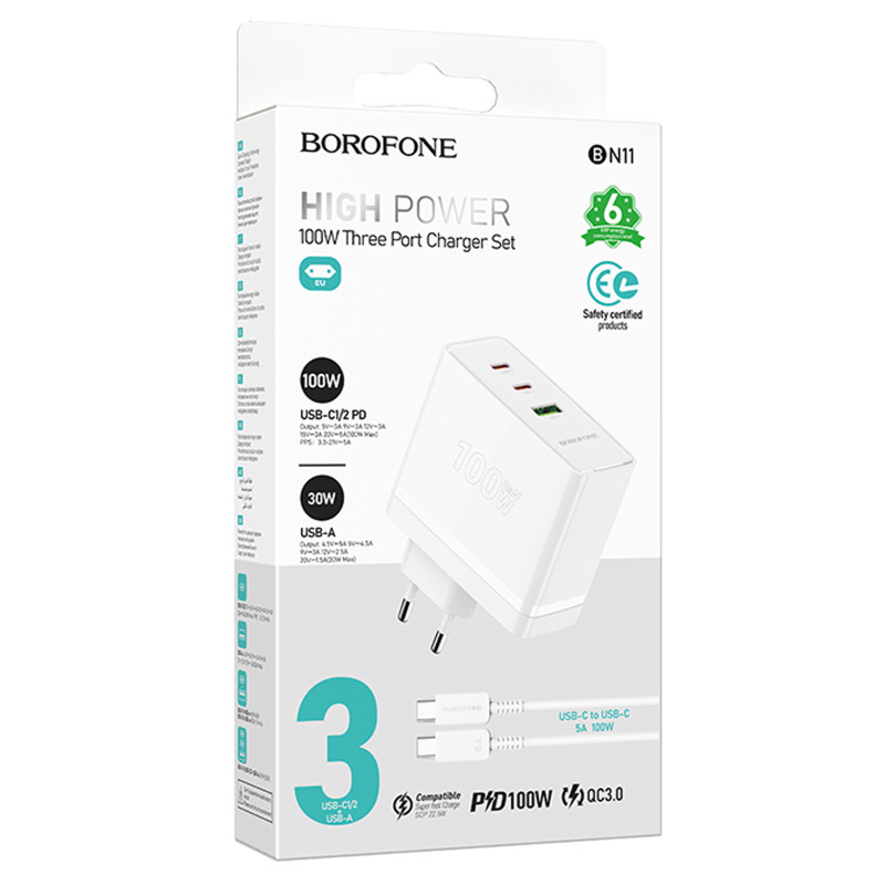 СЗУ Borofone BN11 Imperial PD100W+QC3.0 (1USB-A/2C) + кабель Type-C to Type-C Херсон - зображення 2